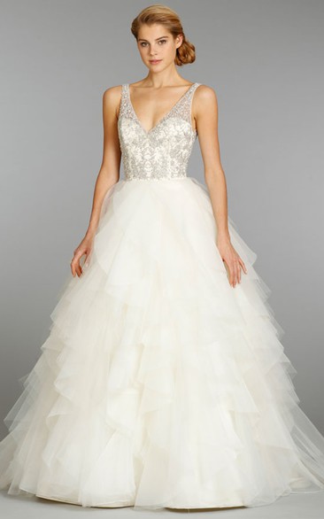 Shimmering V-Neck Organza Ruffle Dress With Beaded Embroidery