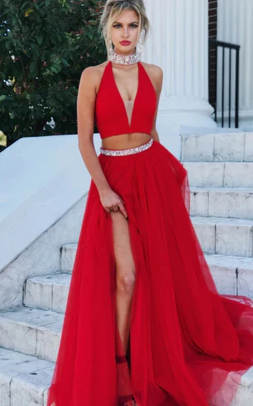 Red Two Piece Front Split Jewel-neck Beaded Front Split Evening Prom Dress