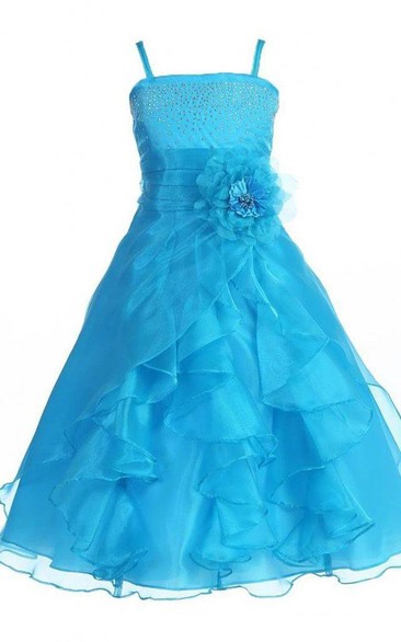 Sleeveless A-line Organza Dress With Sequins and Flower