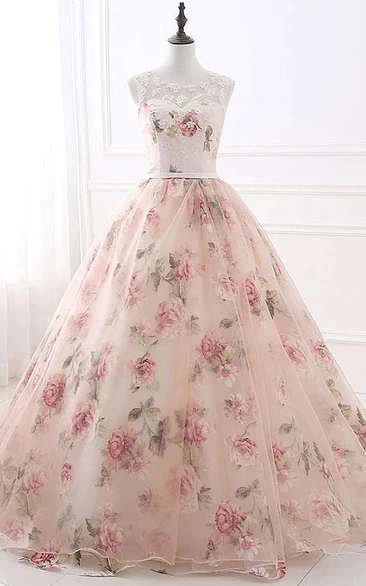 Floral Scoop-neck Sleeveless Empire A-line Ball Gown Prom Dress