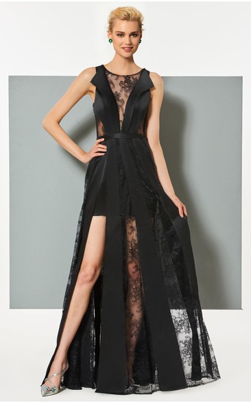 Sexy Satin and Tulle Sheath Bateau Sleeveless Appliqued Dress with Front Split