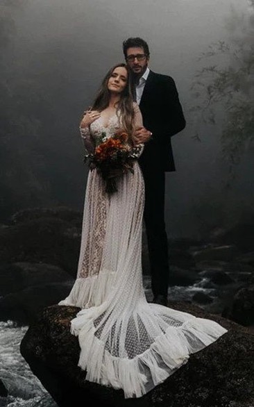 Country Ethereal Illusion V-neck Long Sleeve Boho Beach Wedding Dress with Deep-v Back