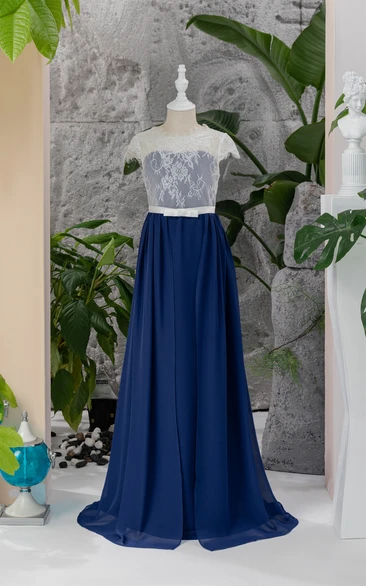 Lace Scoop-neck Cap Two-Tone Dark Blue Flowergirl Dress