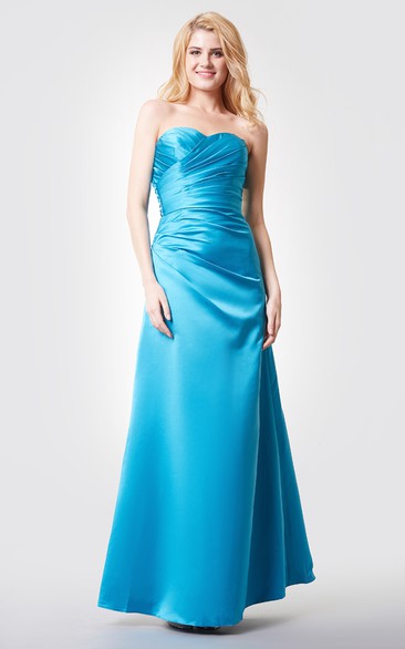 Sleeveless Backless A-line Ruched Long Satin Dress