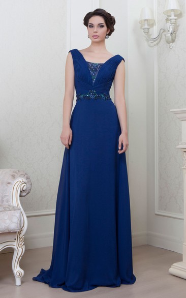 A-Line Sleeveless V-Neck Floor-Length Ruched Chiffon Evening Dress With Beading