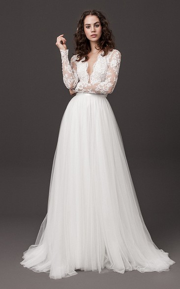 Modern Lace Floor-length Long Sleeve A Line Open Back Wedding Dress with Sash
