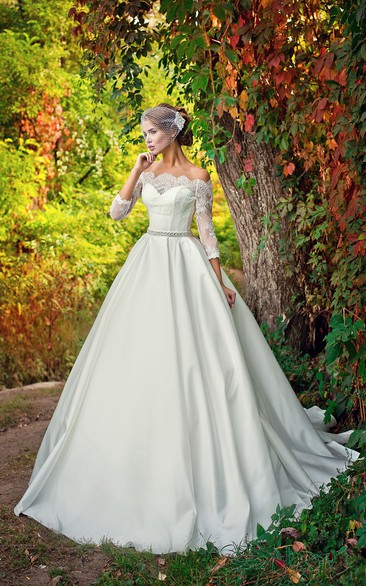 Off-the-shoulder A-line Satin Wedding Dress With Lace Bodice And Beaded Waist