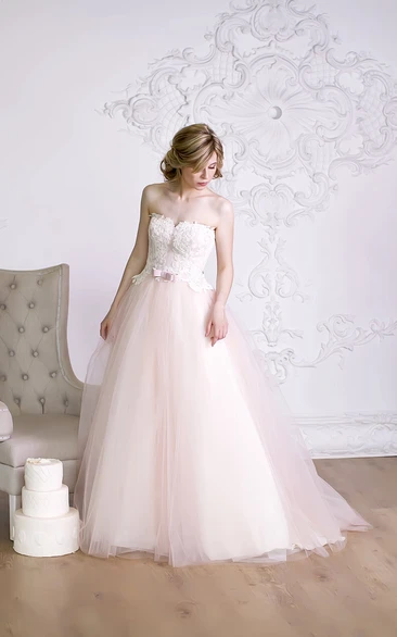 A-Line Long Strapless Sleeveless Lace-Up Organza Dress With Bow And Appliques