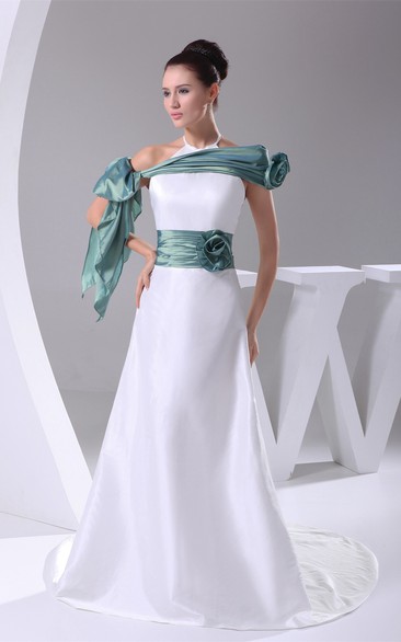 Satin A-Line Sleeveless Flower and Gown With Wrap