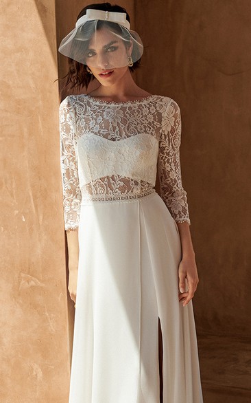 Modern Chiffon A Line Floor-length 3/4 Length Sleeve Wedding Dress with Split Front