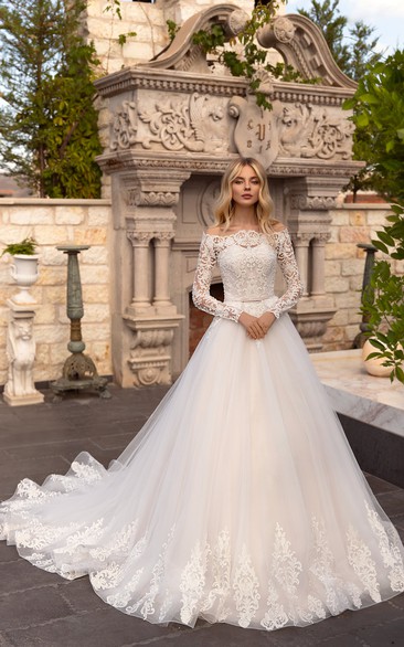 Off-the-shoulder Sash Illusion Long Sleeve And Button Back Ballgown Lace Tulle Wedding Dress