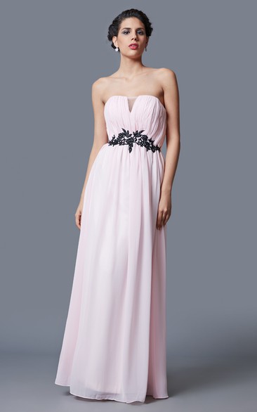 Sleeveless Empire Waist Long Chiffon Dress With Lace Appliqued Belt