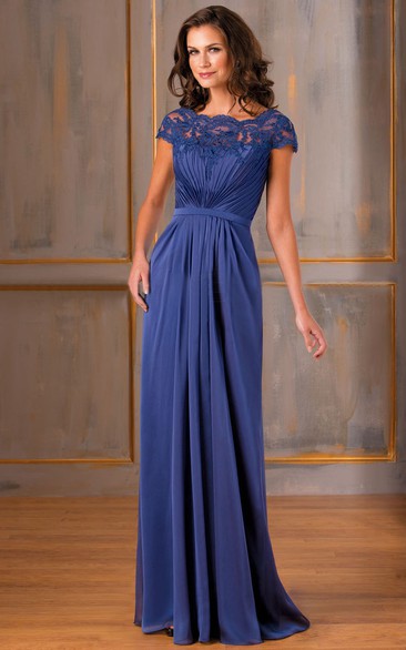 Cap-Sleeved A-Line Long Gown With Lace Appliques And V-Back