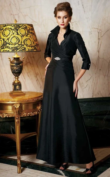 Sleeveless V-Neck Mother Of The Bride Dress With 3-4 Sleeved Jacket Style