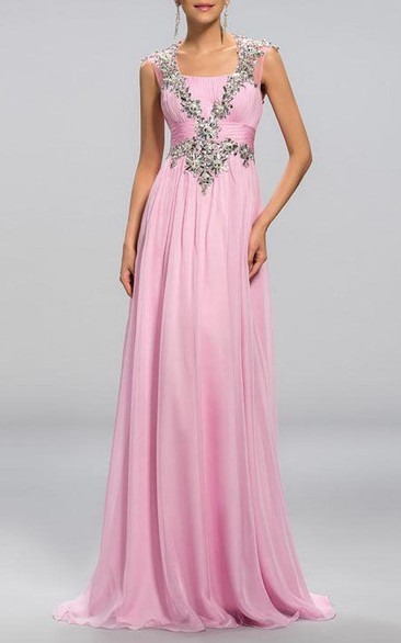 Pretty A-Line Square Neck Beading Hollow-Out Back Prom Dress