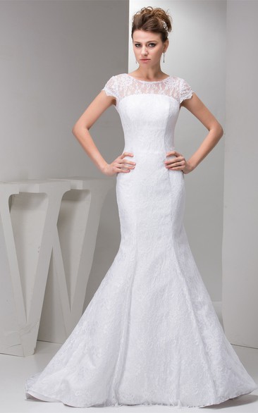 Mini-Sleeve Column Lace Gown With Low-V Back