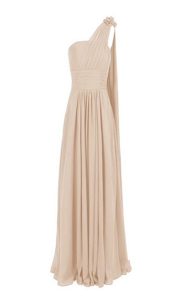 One-shoulder Chiffon Gown With Flower and Pleats