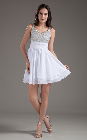Glam Mini Strapped Beaded Chiffon Satin Special Occasion Dresses