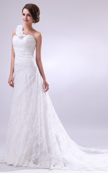 Strapless Ruched Dress With Single Floral Strap and Tulle Overlay