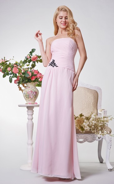Simple Strapless Ruched A-line Long Chiffon Dress