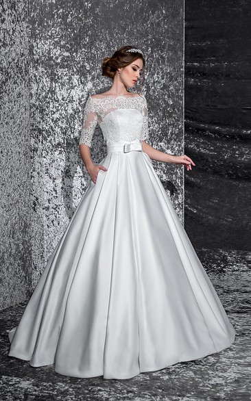 A-Line Floor-Length Off-The-Shoulder Half-Sleeve Illusion Satin Dress With Lace
