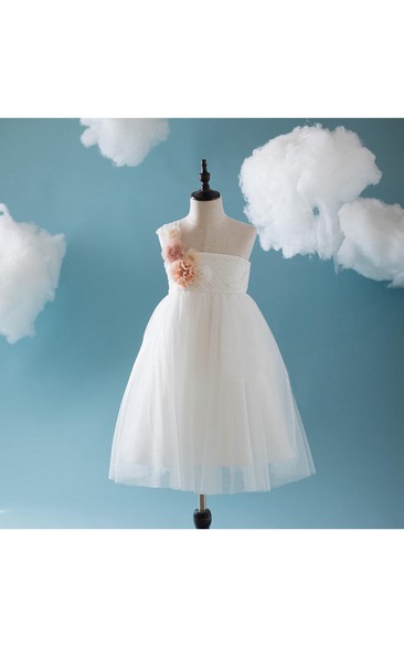 One Shoulder Empire Tulle Ball Gown With Flower and Applique