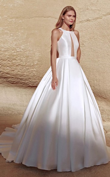 Romantic Satin Floor-length Sleeveless Ball Gown Open Back Wedding Dress with Ruching