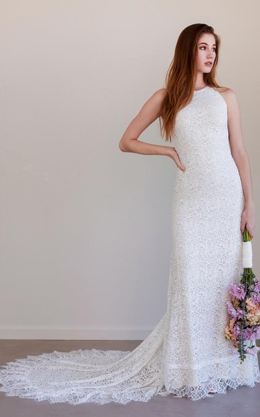 Bohemian Jewel Lace Sheath Sleeveless Floor-length Court Train Wedding Dress with Keyhole