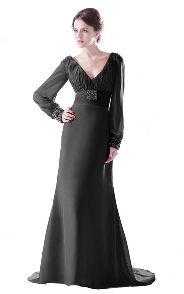 Long-sleeved V-neck Gown With Empire Waist
