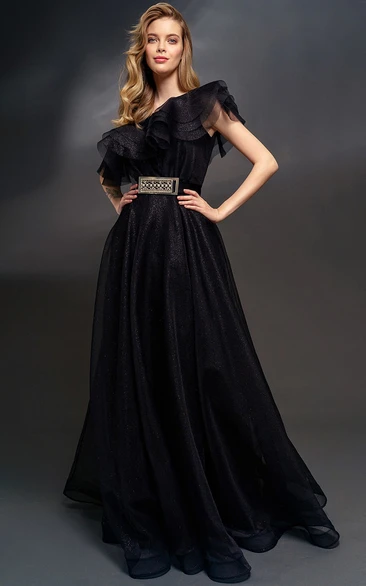 Asymmetrical Off-the-shoulder Black A-line Formal Dress