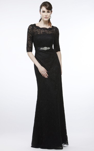 Sheath Floor-Length Jeweled Half-Sleeve Bateau-Neck Lace Prom Dress With Appliques And Ribbon