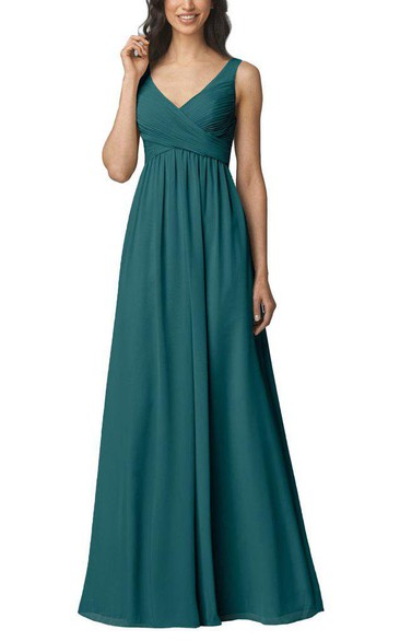 Empire V-neck Strapped Long Bridesmaid Dress with Ruching