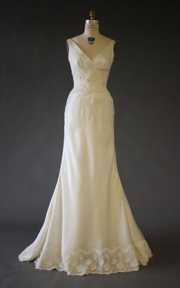 Sleeveless V-Neck A-Line Satin Dress With Lace Hemline