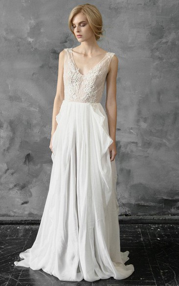 Plunged Sleeveless Chiffon Pick Up Wedding Dress With Appliques