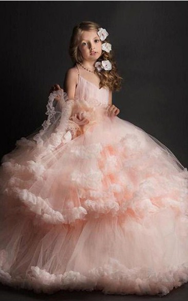 Tulle Spaghetti Ball Gown Flower Dirl Dress with Tier