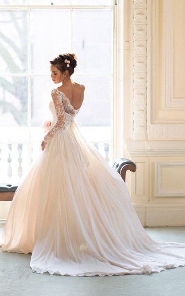 Elegant Long Sleeve Lace Wedding Dresses Princess Chiffon Bridal Gowns
