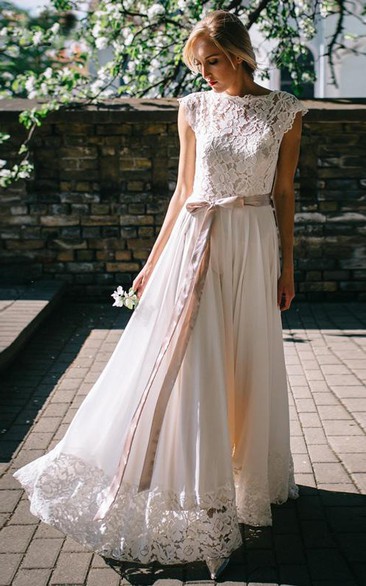Bohemian Bateau A Line Chiffon and Lace Floor-length Short Sleeve Wedding Dress with Ribbon