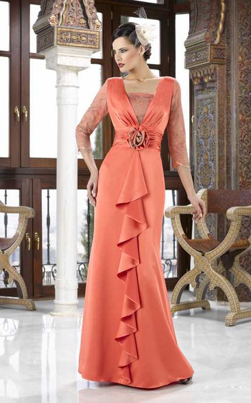 Maxi Square Neck Appliqued 3-4 Sleeve Chiffon Mother Of The Bride Dress