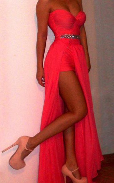 Gorgeous Sexy Red Long Prom Gowns Sweethear Slit Chiffon Evening Dresses With Beadings