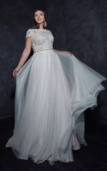 Cap-sleeve Plus Size Tulle Pleated A-line Modest Wedding Dress and Lace Top