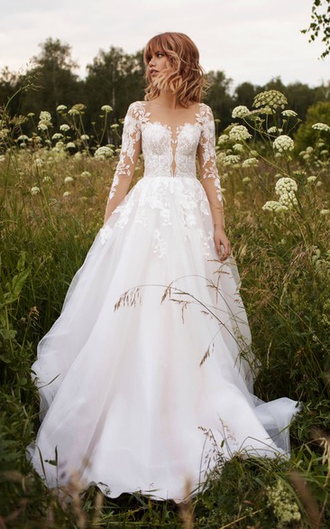 Illusion Sleeve Tulle Adorable Wedding Dress With Lace Details And Illusion Button Back