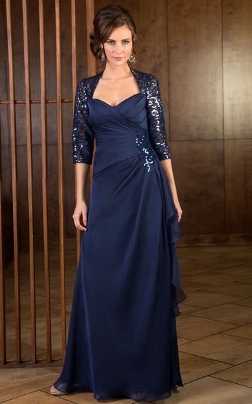 3-4 Sleeved Long Mother Of The Bride Dress With Ruffles And Sequins