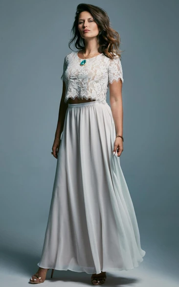 Two Piece Short-sleeve Chiffon Ankle-length Scoop-neck Wedding Dress