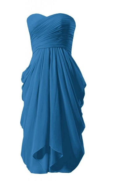 Strapless Ruched Bodice Knee-length Layered Pleated Chiffon Dress