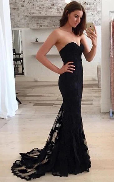 Lace Floor-length Sweep Train Trumpet Sleeveless Sexy Prom Dress