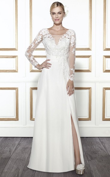 Scoop Floor-Length Long-Sleeve Appliqued Chiffon Wedding Dress