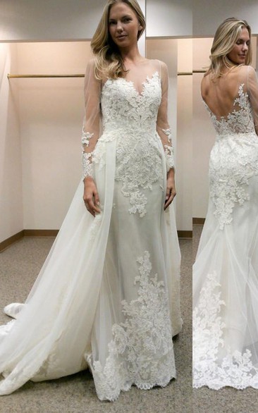 Long Sleeves Sheath Wedding Dress with Lace Detachable Train