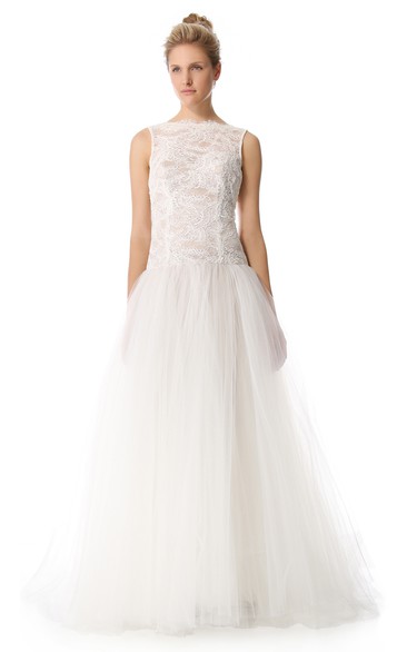 Long Bateau A-line Organza Dress With Low-V Back Style