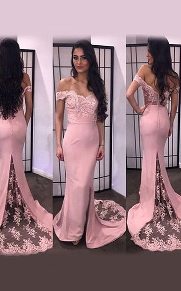 Mermaid Off-the-Shoulder Sleeveless Lace Satin Sweep Train Dresses
