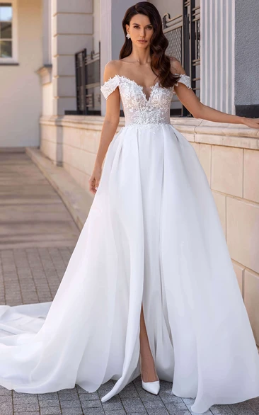Casual A Line Lace Floor-length Sleeveless Open Back Wedding Dress with Split Front